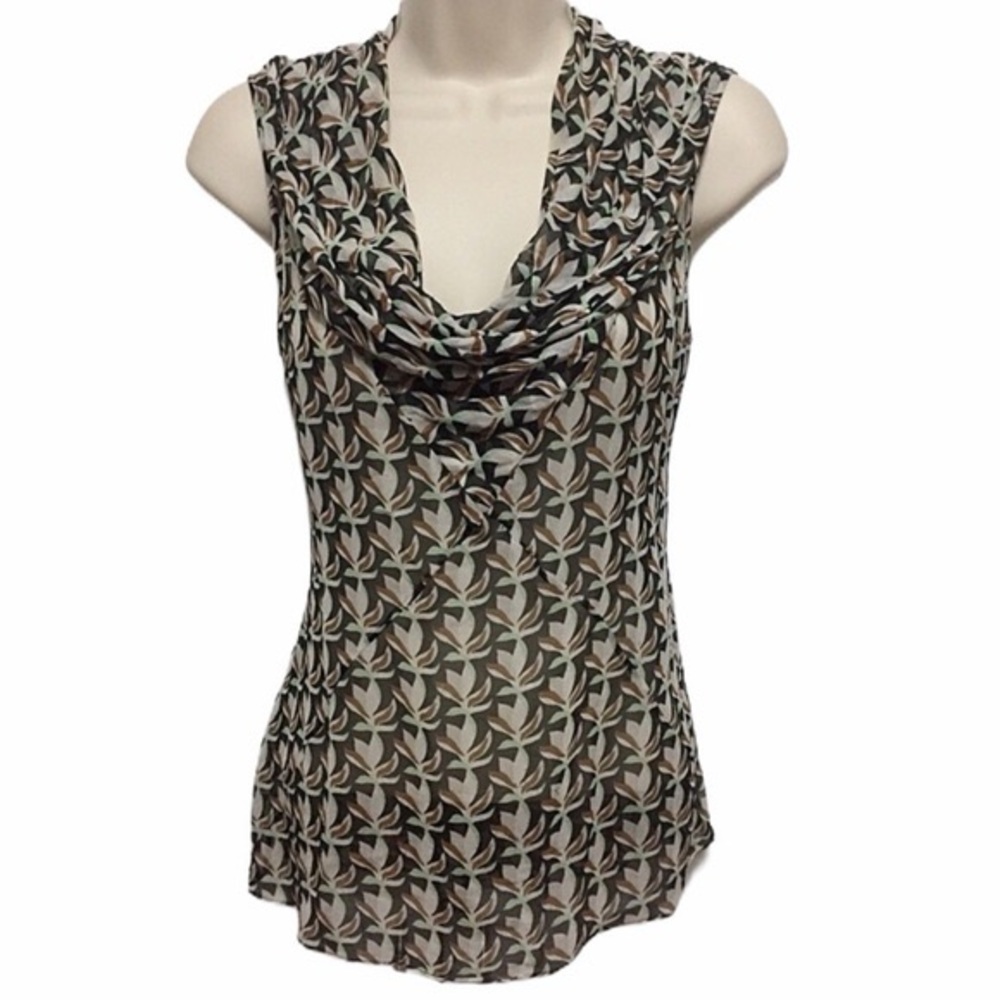 Diane Von Furstenberg Ruffled Lotus Pattern 100% Silk Black/Orange Sheer Blouse